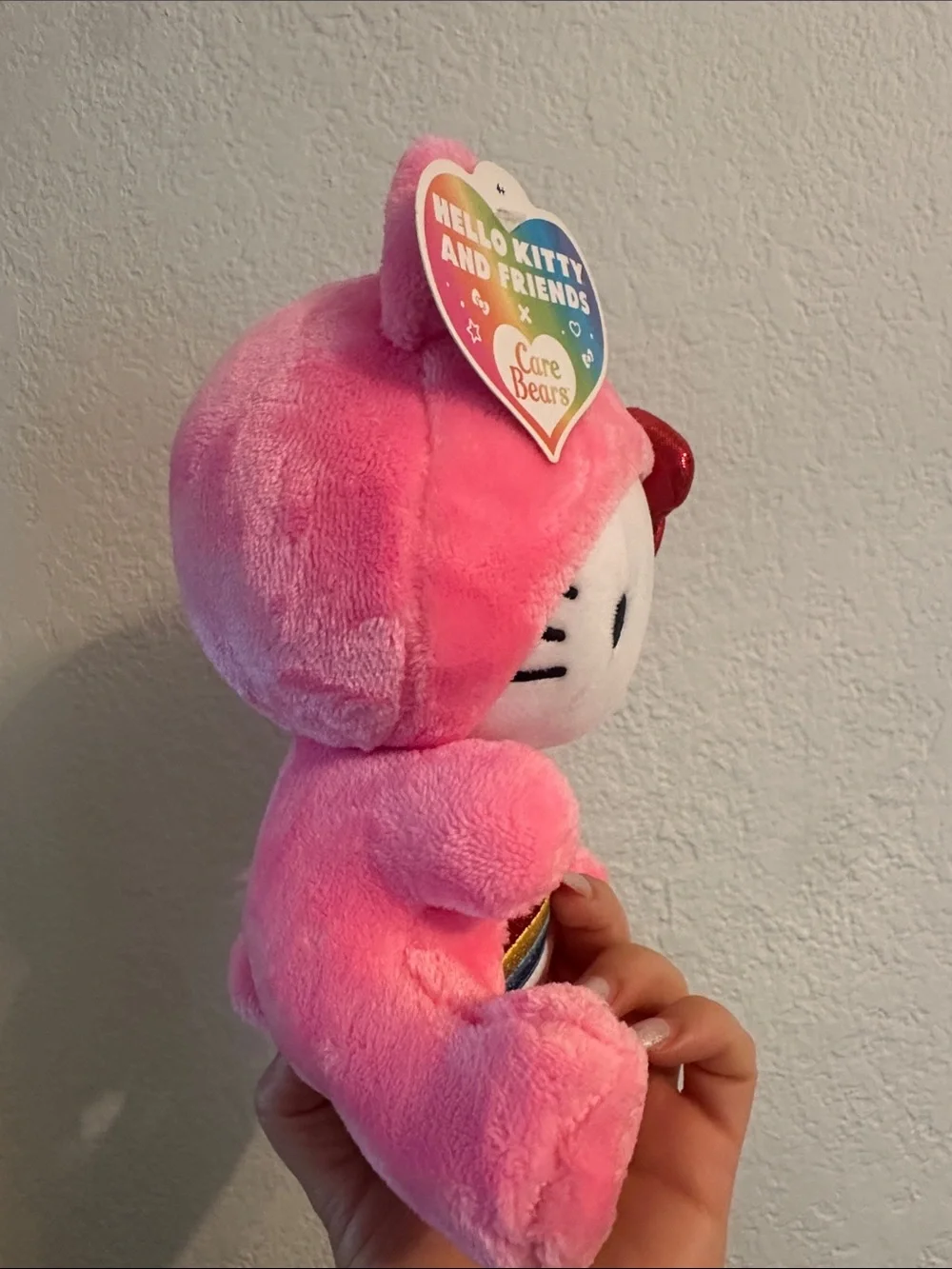 Hello Kitty Pink Plush with Red Shiny Bow and Rainbow Patch